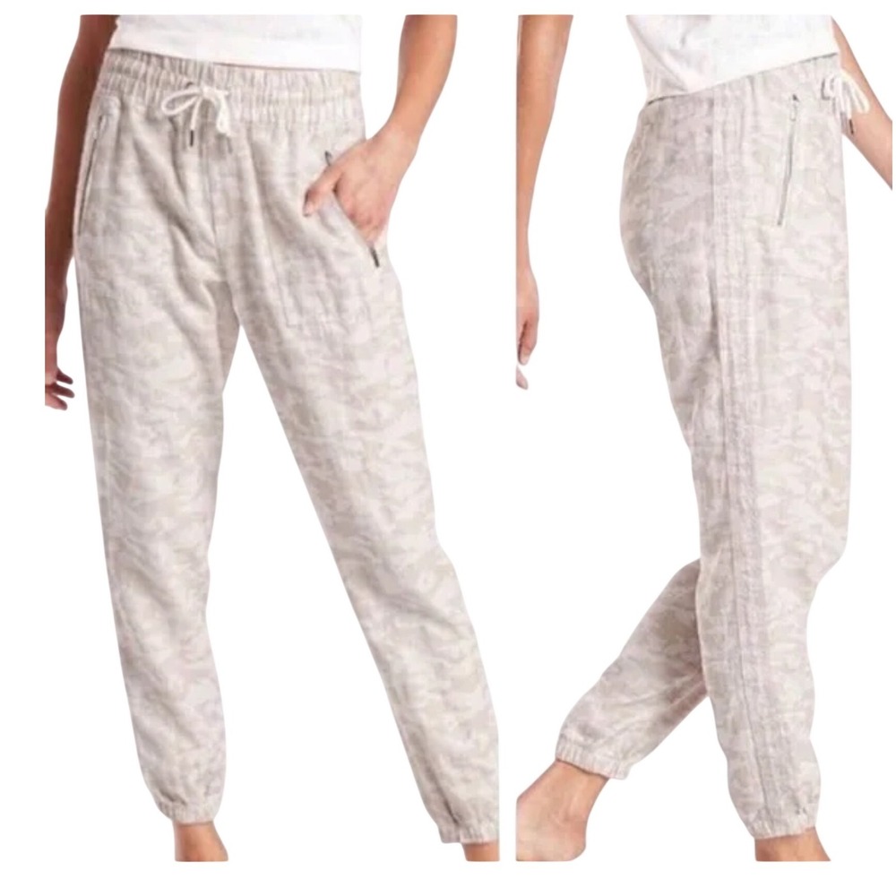 Athleta Cabo Tide Linen Jogger Pants Coastal Beach Resort Neutral Camo 0